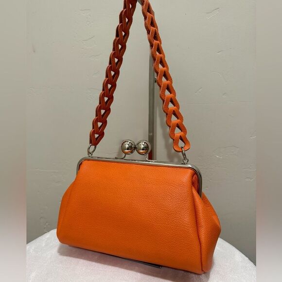 Orange Pebble Leather Handmade Large Balls Kiss Lock Handbag/ Multi Use Style - Picture 9 of 16